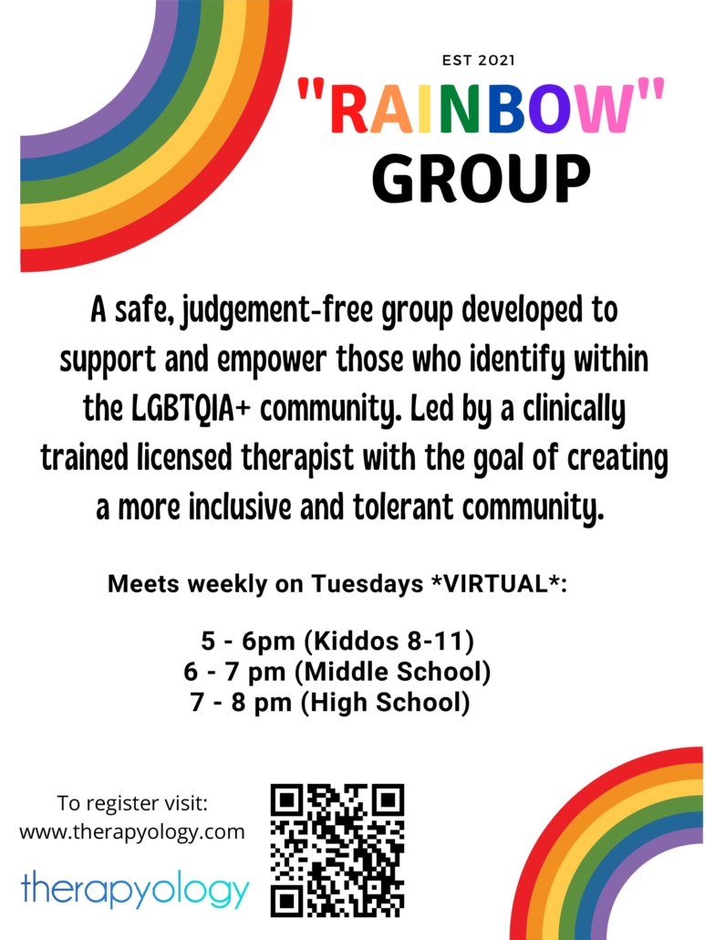 Rainbow group flyer. If you need online therapy for teens who need support for LGBTQ youth, we can help. Try group therapy for teens in San Francisco, CA today!
