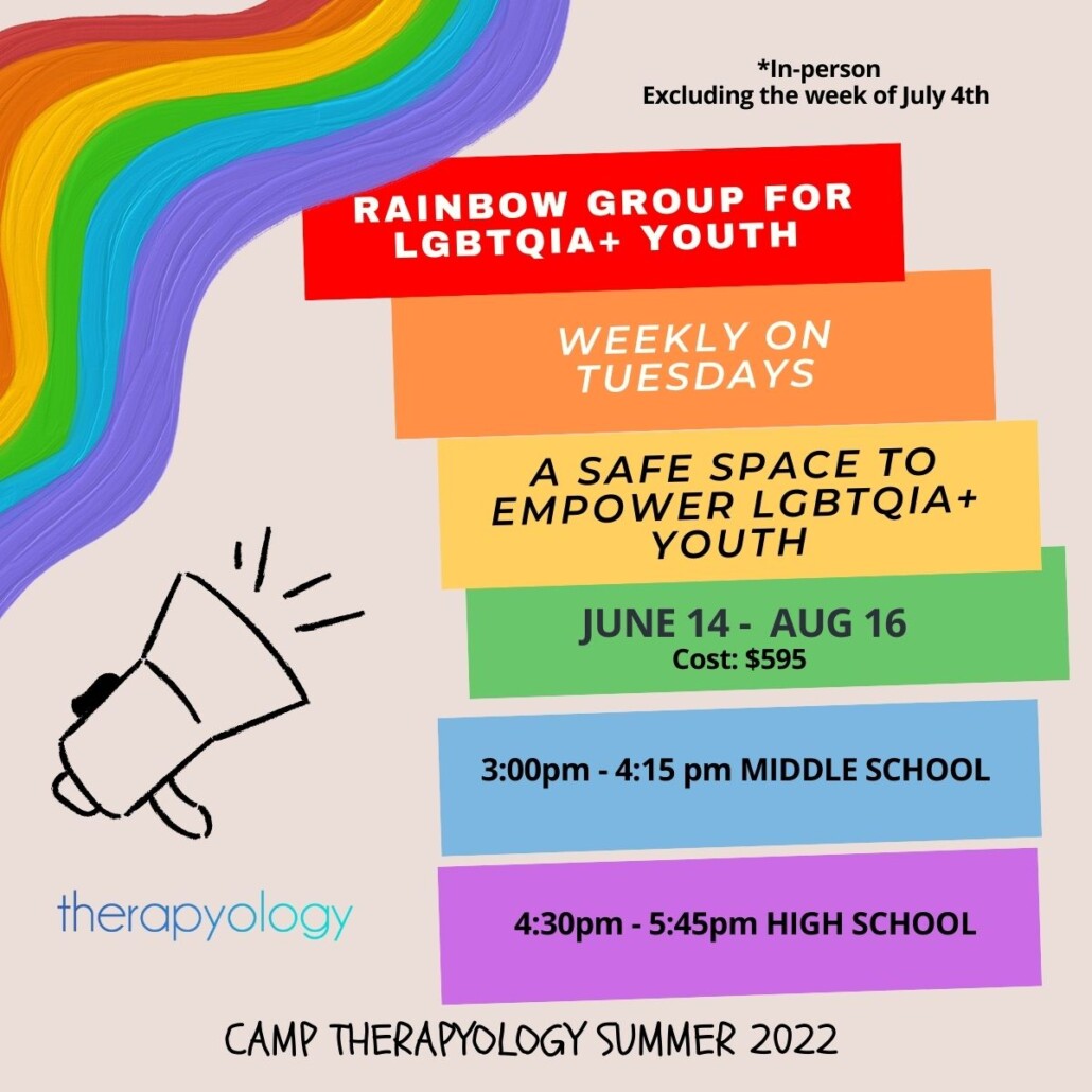 Rainbow group flyer. If you need online therapy for teens who need support for LGBTQ youth, we can help. Try group therapy for teens in San Francisco, CA today!